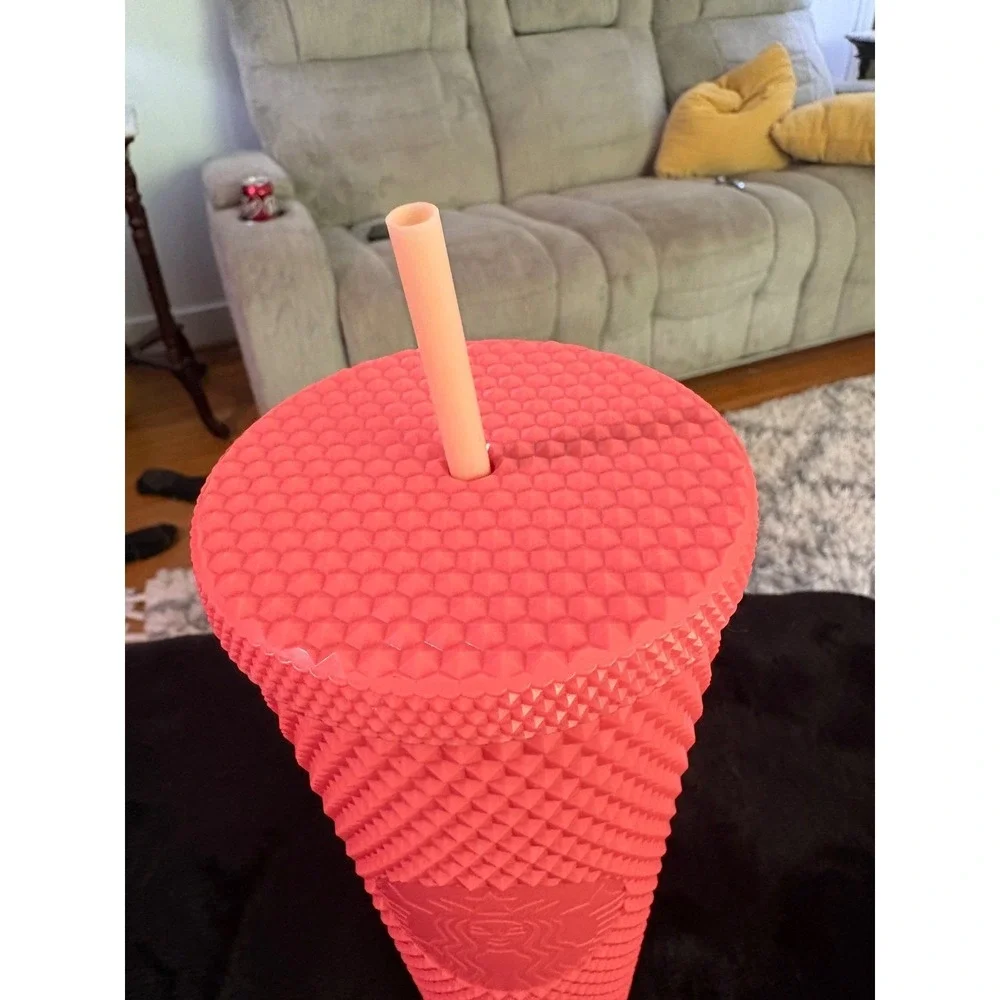 Starbucks Studded Cold Cup Tumbler Venti 24oz Neon Coral Guava Pink Matte‎ Grid
